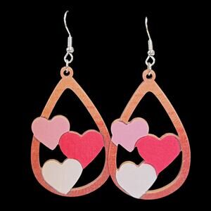Valentines Day Earrings Pink Red Wooden Hearts Dangle Teardrop‎ Gift for Her